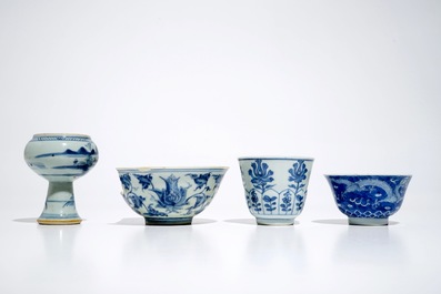 Various Chinese blue and white bowls and a cup and saucer, Ming, Kangxi and Qianlong