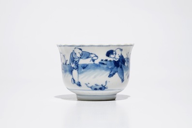 Six Chinese blue and white cups and saucers, Kangxi mark, 19th C.