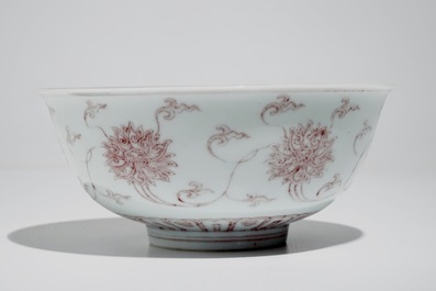 A Chinese underglaze red lotus scroll bowl, Kangxi mark, 20th C.