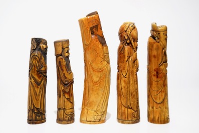 Five Chinese ivory models of immortals, 19/20th C.