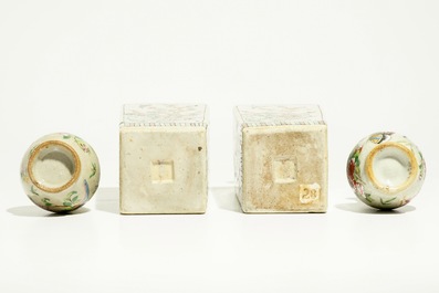 A pair of Chinese square famille verte vases and a pair of famille rose crackle-ground vases, 19/20th C.