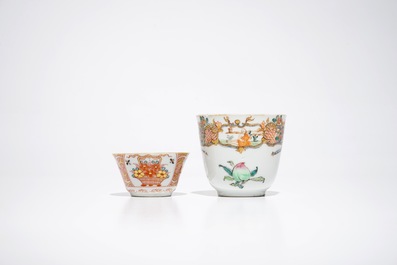 A Chinese grisaille battleship saucer and two famille rose and Dutch-decorated cups and saucers, Qianlong