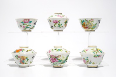 Six Chinese Canton famille rose cups and saucers with four covers, 19th C.