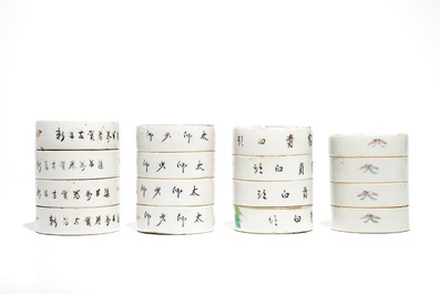 Three Chinese famille rose figures, three wall vases and four cylindrical boxes, 19/20th C.