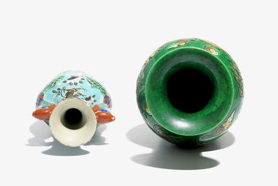A Chinese Dayazhai-style vase with phoenix handles and a green-glazed dragon vase, 19/20th C.