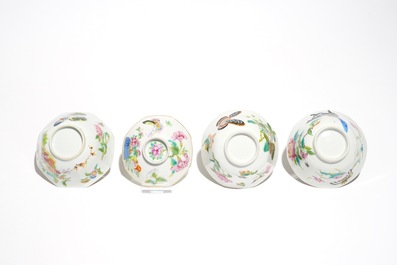 Six Chinese Canton famille rose cups and saucers with four covers, 19th C.