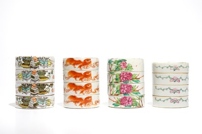 Three Chinese famille rose figures, three wall vases and four cylindrical boxes, 19/20th C.