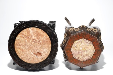 Two Chinese carved wood stands with marble tops, 19/20th C.