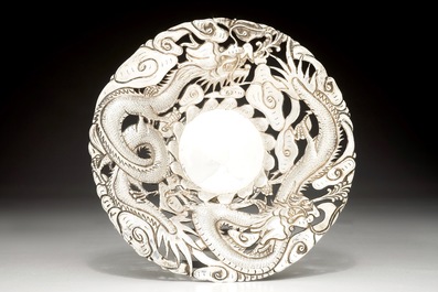 A Chinese silver tea caddy and an openworked dragon tazza, 19/20th C.