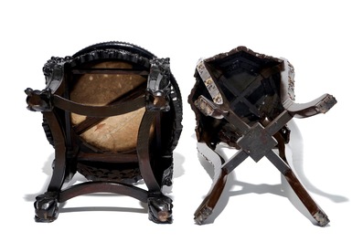 Two Chinese carved wood stands with marble tops, 19/20th C.