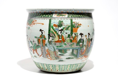 A Chinese famille verte fish bowl with figural design, 19th C.