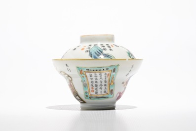 A Chinese famille rose Wu Shuang Pu covered bowl and saucer, 19th C.