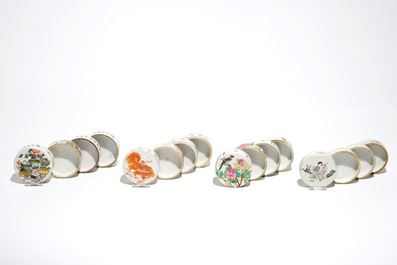 Three Chinese famille rose figures, three wall vases and four cylindrical boxes, 19/20th C.