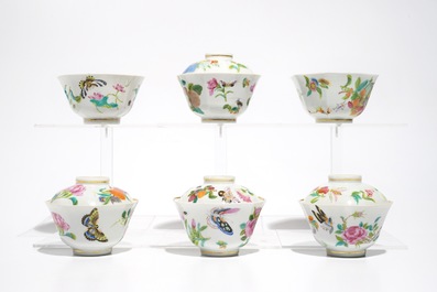Six Chinese Canton famille rose cups and saucers with four covers, 19th C.