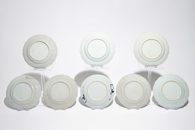Seven Chinese blue and white plates with figural design, Kangxi/Yongzheng