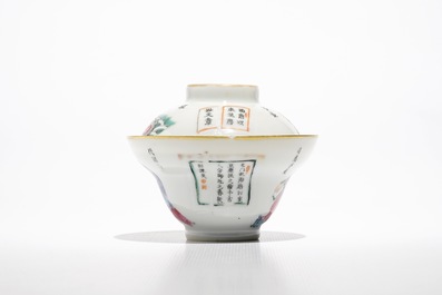 A Chinese famille rose Wu Shuang Pu covered bowl and saucer, 19th C.