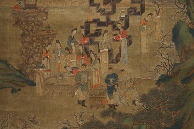 Een gesigneerde Chinese rolschildering op zijde met een tuinsc&egrave;ne, 18/19e eeuw