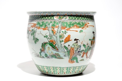A Chinese famille verte fish bowl with figural design, 19th C.