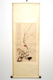 A Chinese paper scroll painting of butterflies and blossoms, signed Yu Fei'an (1888-1959)