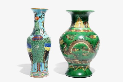 A Chinese Dayazhai-style vase with phoenix handles and a green-glazed dragon vase, 19/20th C.