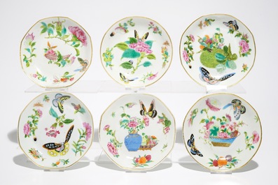 Six Chinese Canton famille rose cups and saucers with four covers, 19th C.