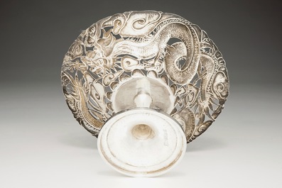 A Chinese silver tea caddy and an openworked dragon tazza, 19/20th C.