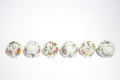 Six Chinese Canton famille rose cups and saucers with four covers, 19th C.