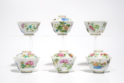 Six Chinese Canton famille rose cups and saucers with four covers, 19th C.