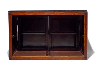 A Chinese two doors cabinet in hongmu and huanghuali with zitan dragon panels, 18/19th C.