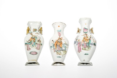 Three Chinese famille rose figures, three wall vases and four cylindrical boxes, 19/20th C.