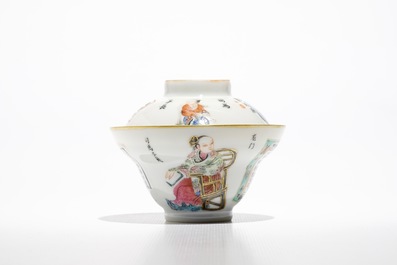 A Chinese famille rose Wu Shuang Pu covered bowl and saucer, 19th C.