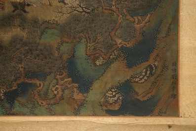 Een gesigneerde Chinese rolschildering op zijde met een tuinsc&egrave;ne, 18/19e eeuw