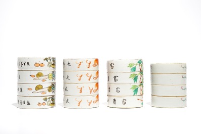 Three Chinese famille rose figures, three wall vases and four cylindrical boxes, 19/20th C.