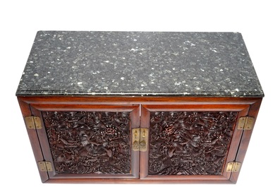 A Chinese two doors cabinet in hongmu and huanghuali with zitan dragon panels, 18/19th C.