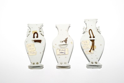 Three Chinese famille rose figures, three wall vases and four cylindrical boxes, 19/20th C.