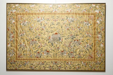 A Chinese embroidered yellow-ground silk cloth with peaches, Qing