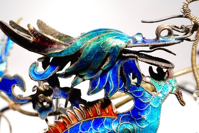 A Chinese enamelled silver tiara with dragons, phoenixes and symbols, Qing