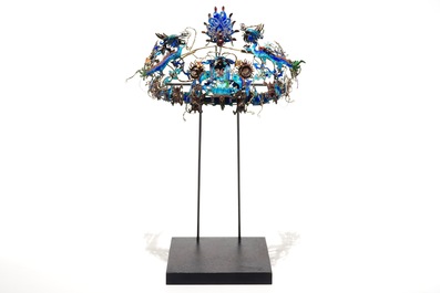 A Chinese enamelled silver tiara with dragons, phoenixes and symbols, Qing