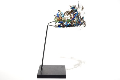 A Chinese enamelled silver tiara with dragons, phoenixes and symbols, Qing