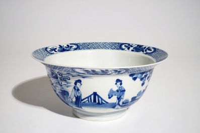 A Chinese blue and white klapmuts bowl with figural design, Xuande mark, Kangxi