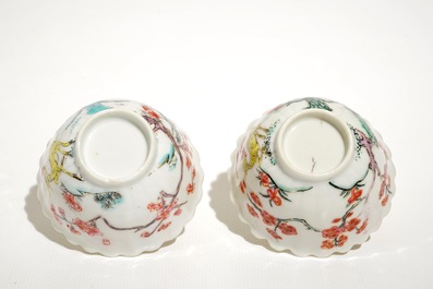 A pair of Chinese lobed famille rose cups and saucers with Magu, Yongzheng