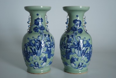 A pair of Chinese celadon-ground vases with blue and white figures, 19th C.