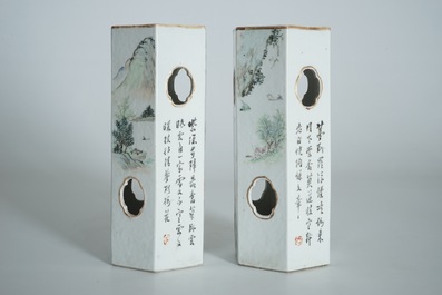 A pair of Chinese reticulated hexagonal qianjiang cai hat stands, 19/20th C.