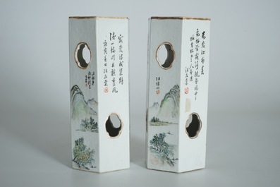 A pair of Chinese reticulated hexagonal qianjiang cai hat stands, 19/20th C.