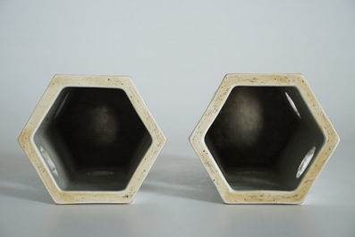 A pair of Chinese reticulated hexagonal qianjiang cai hat stands, 19/20th C.