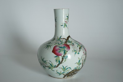 A fine Chinese famille rose tianqiu ping &ldquo;Nine peaches&rdquo; vase, Guangxu mark, 19/20th C.