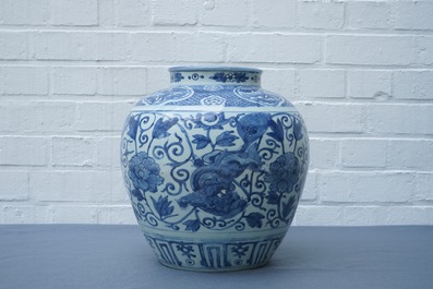 A Chinese blue and white vase with Buddhist lions and peonies, Ming, Wanli