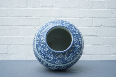 A Chinese blue and white vase with Buddhist lions and peonies, Ming, Wanli