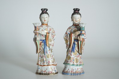 Two large Chinese famille rose candle holders modelled as court ladies, Qianlong