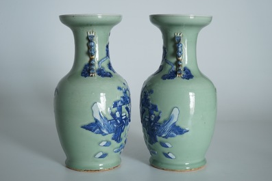 A pair of Chinese celadon-ground vases with blue and white figures, 19th C.